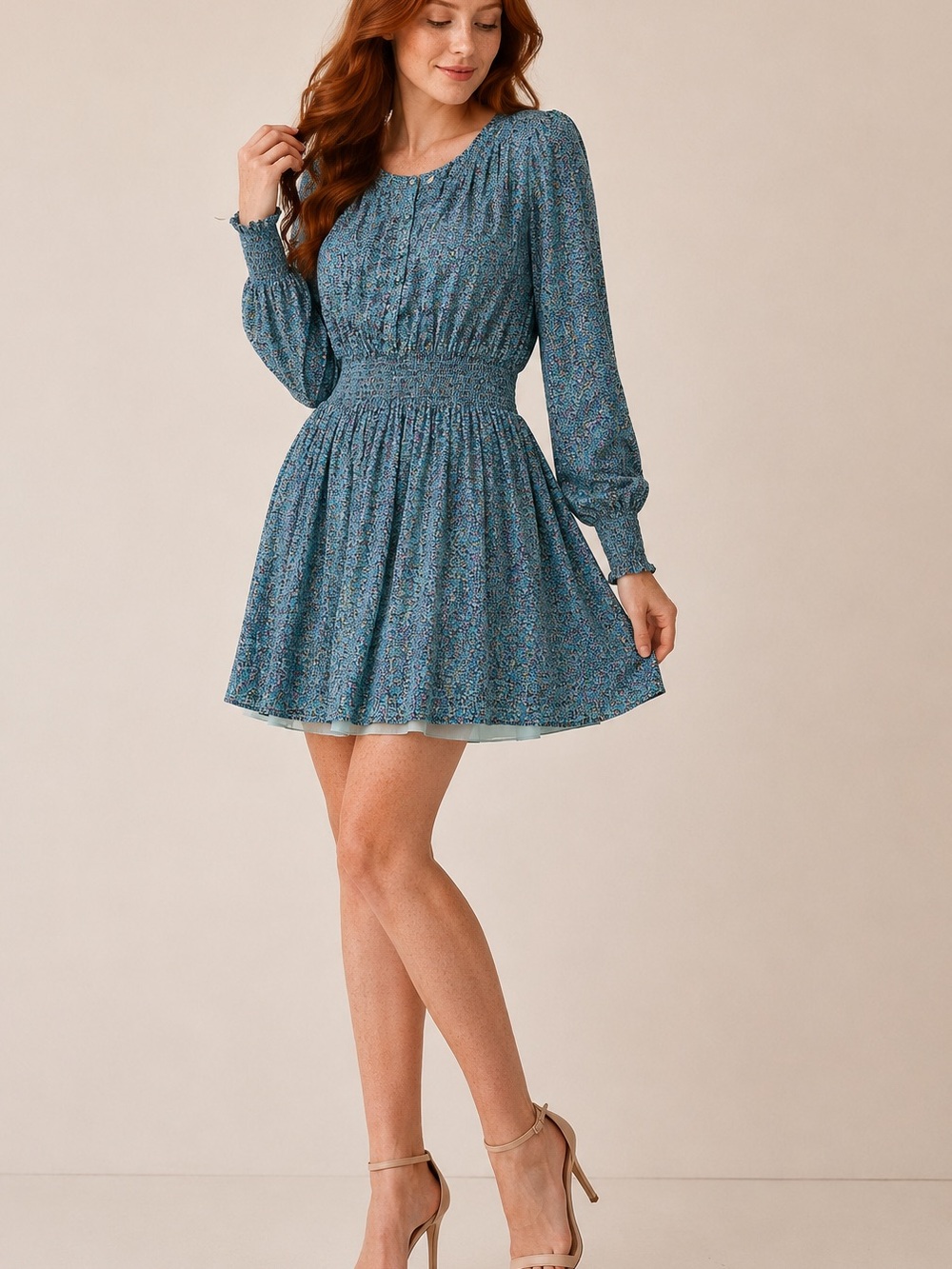 7 for all mankind Smocked Waist Long-Sleeve Floral Mini Dress in Teal